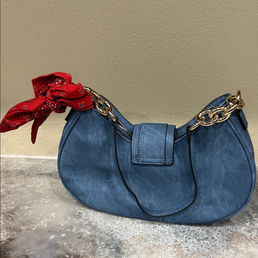 Aldo Blue Shoulder Bag with Red Scarf Accent - Picture 2 of 5